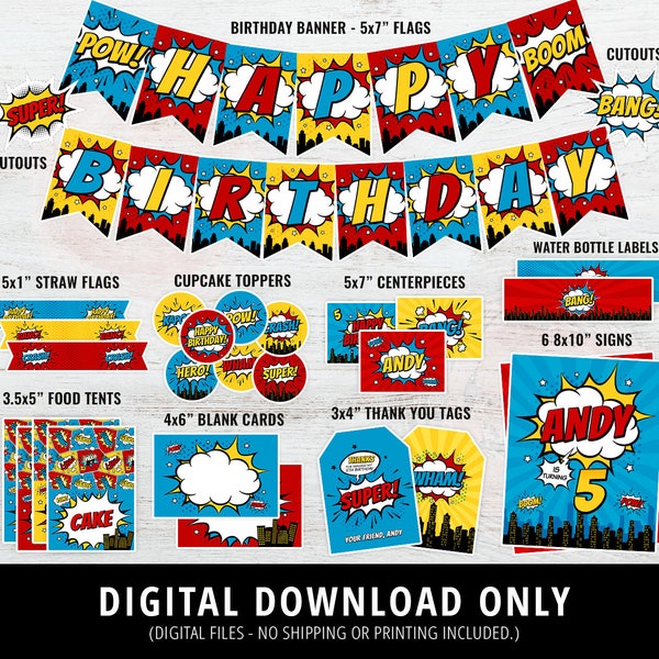 Superhero Party Decorations, Superhero Birthday Party Decor, Superhero Birthday, Party Bundle, Comic Book Party Decor, Signs, Banner DIGITAL