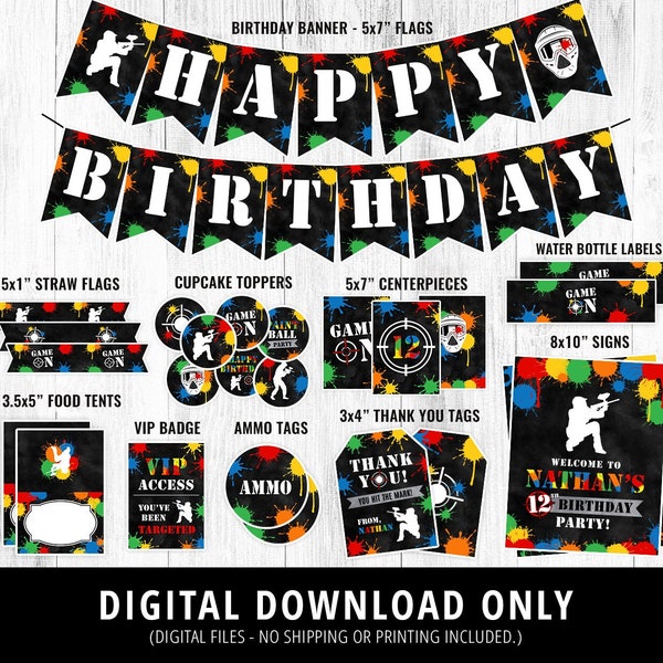 Paintball Party Decor, Paint Ball Theme Birthday Party Decorations, Paintball Party Package, Splattered Paint Party Pack, Printable, DIGITAL