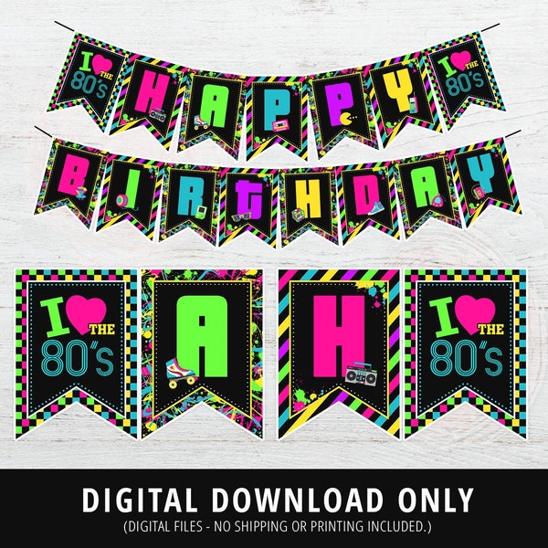 80s Birthday Banner, 80s Party Banner, 80s Party Decorations, 80s Retro Neon Banner, I Love the 80's, 1980, Neon, Printable, DIGITAL