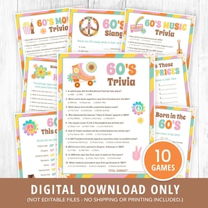 60s Games Bundle Printable, 60s Activities, 60s Party Games, 60s Trivia, 1960s Birthday Party Games, 60s Prices, Groovy Retro Games, DIGITAL