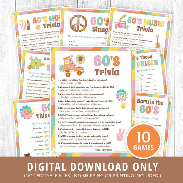 60s Games Bundle Printable, 60s Activities, 60s Party Games, 60s Trivia, 1960s Birthday Party Games, 60s Prices, Groovy Retro Games, DIGITAL