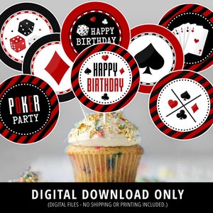 Decorazioni per cupcake a tema casinò, decorazioni per cupcake a tema casinò, decorazioni per cupcake a tema poker, decorazioni per feste a tema casinò, rosso e nero, stampabili in formato DIGITALE
