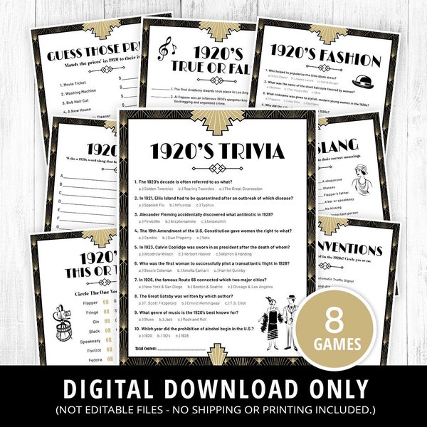 1920s Games Bundle Printable, 1920s Trivia, 1920s Activities, 1920s Party Games, Roaring 20s Party, Gatsby Party, DIGITAL