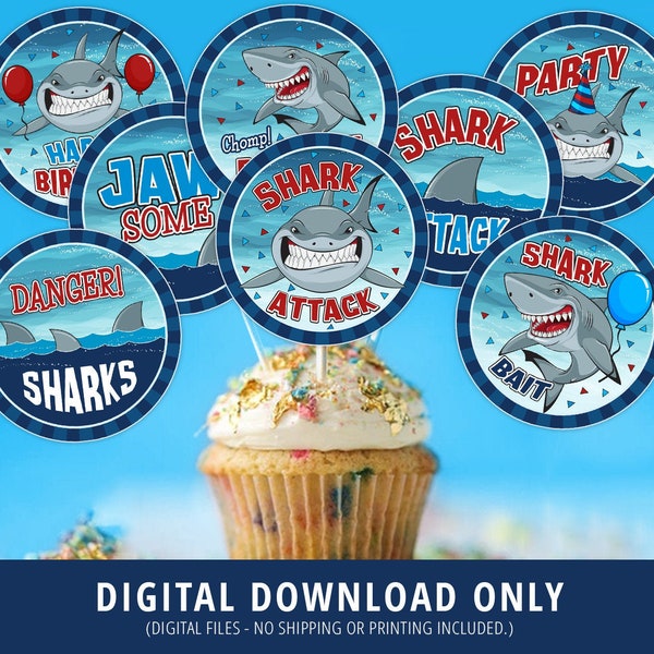 Shark Cupcake Toppers, Shark Birthday Party, Shark Party Decor, Shark Cake Topper, Shark Attack, Jaws, Shark Party Supplies, Bait, DIGITAL