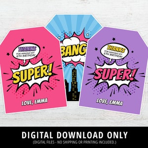 Girl Superhero Thank You Tags, Girl Superhero Favor Tags, Comic Birthday Party, Girl Superhero Tags, Pink Birthday Printable Tags, DIGITAL