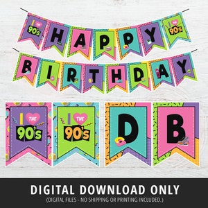 90er Geburtstagsbanner, 90er Party Girlande, 90er Party Dekoration, 90er Retro Banner, I Love the 90&#39;s, 1990, Printable, DIGITAL
