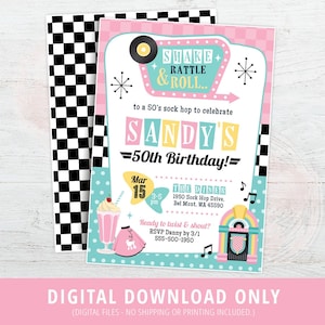 50s Birthday Invitation, 50s Sock Hop Party Invite, 50s Birthday Party, Retro 50s Theme Invite, 1950s, Shake Rattle Roll, Fifties, DIGITAL