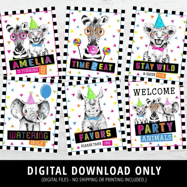Fêtards, décoration d'anniversaire de fêtards, affiches imprimables, panneaux animaux sauvages, panneau de bienvenue de zoo, Safari, affiches, NUMÉRIQUE
