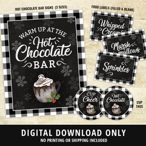 Hot Chocolate Bar Printable Kit, Hot Chocolate Party, Hot Chocolate Bar, Hot Cocoa Bar, Black White Plaid, Lumberjack, Sign, Labels, DIGITAL