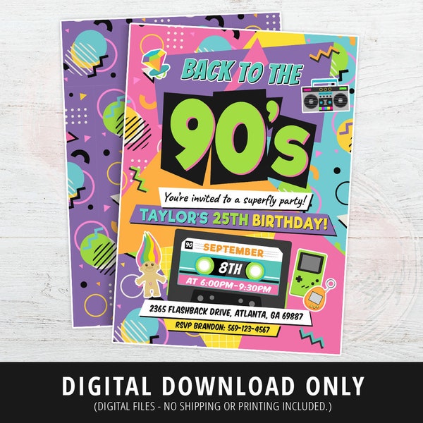 90s Birthday Invitation, 90s Party Invite, 90s Birthday Party, Back to the 90s Theme Invite, Retro 1990s Invitation, Memphis, DIGITAL