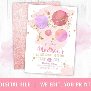 Space Planets Birthday Invitation Girl Outer Space, Galaxy First Birthday, Out Of This World Birthday, Pink, Gold, Girl, Planets, DIGITAL