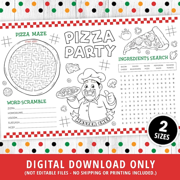 Pizza Party Placemat, Kids Pizza Coloring Placemat, Pizza Games, Pizza Activities, Pizza Coloring Page, Pizza Birthday, Printable DIGITAL