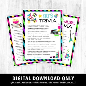Afdrukbare trivia-games uit de jaren 80, trivia-spel jaren 80, filmtrivia uit de jaren 80, trivia-quiz muziek uit de jaren 80, activiteiten uit de jaren 80, feestspellen jaren 80, kinderen, volwassenen, digitaal