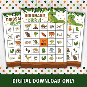 Bingo dei dinosauri, Giochi per feste sui dinosauri, Bingo dei dinosauri stampabile, Gioco del bingo dei dinosauri, Attività sui dinosauri, Attività sui T-Rex, Dino DIGITAL