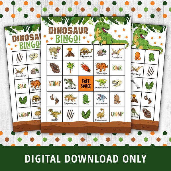 Dinosaur Bingo, Dinosaur Party Games, Dinosaur Bingo Printable, Dinosaur Bingo Game, Dinosaur Activities, T-Rex Activities, Dino DIGITAL