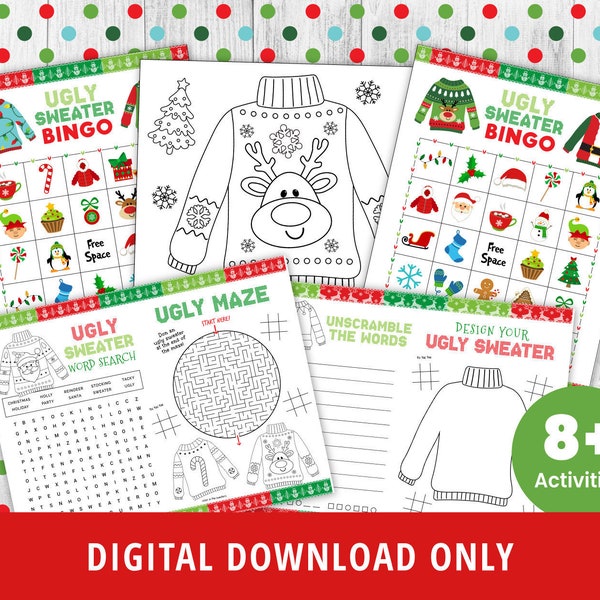 Ugly Christmas Sweater Game Printable Bundle, Ugly Sweater Activity Pages, Ugly Sweater Coloring Pages, Christmas Bingo, Games, DIGITAL