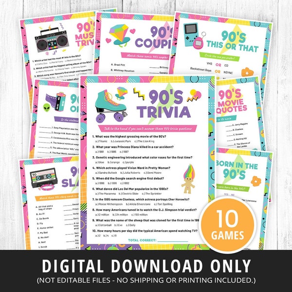 90s Games Bundle Printable, 90s Party Games, 90s Trivia, 90s Activities, 1990s Party Games for Kids & Adults, 90s This or That, DIGITAL