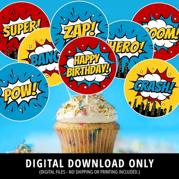 Superhero Cupcake Toppers, Superhero Birthday Decor, Superhero Birthday Supplies, Superhero Birthday, Comic, Printable Toppers, DIGITAL