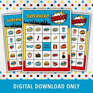 Superhero Bingo, Superhero Bingo Printable, Comic Bingo, Superhero Birthday Games, Superhero Party, Family Games, Kid Activities DIGITAL image 1