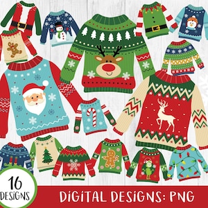 Ugly Christmas Sweaters Clipart, Ugly Sweaters Clipart, Christmas Clipart, Tacky Sweaters, Holiday, Winter Sweater Clipart, PNG