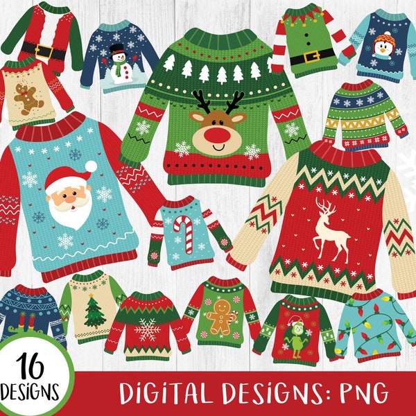 Ugly Christmas Sweaters Clipart, Ugly Sweaters Clipart, Christmas Clipart, Tacky Sweaters, Holiday, Winter Sweater Clipart, PNG