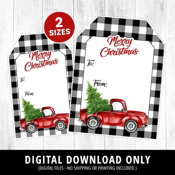 Christmas Red Truck Gift Tags, Christmas Gift Tag, Black and White Buffalo Plaid Merry Christmas Favor Tag, Rustic, Printable Tag, DIGITAL