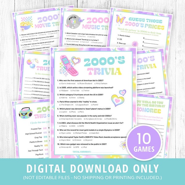 2000s Games Bundle Printable, 2000s Party Games, 2000s Trivia, Y2k 00s Activities, 2000s Party Games for Kids & Adults, Y2K Trivia DIGITAL