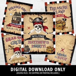 Signes de fête de pirate, décor d’anniversaire de pirate, décorations de pirate, affiches de pirate, carte au trésor, crâne, pirate, île au trésor, garçon, numérique