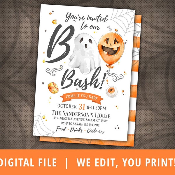 Boo Bash invitation, Halloween party Invitation, Halloween Birthday Invite, Pumpkin Birthday, Ghost Invitation, Costume Party, Printable