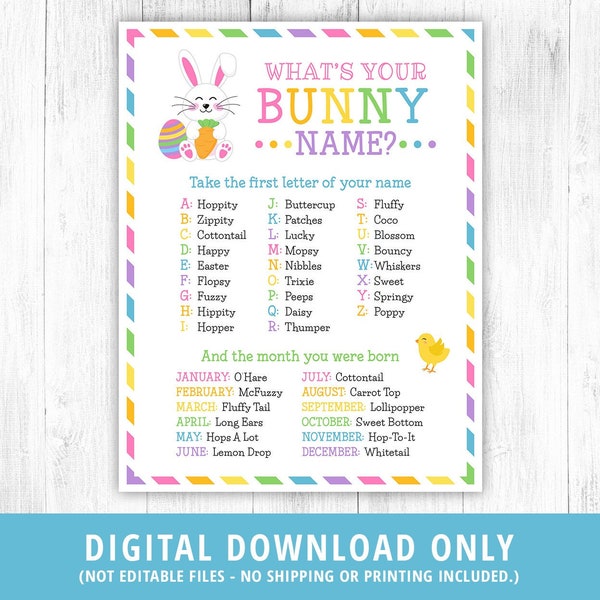 What's Your Bunny Name Sign, Easter Bunny Name Game, Easter Game Activity, Easter Party Game, Kids, Easter Party, 8x10, Printable DIGITAL