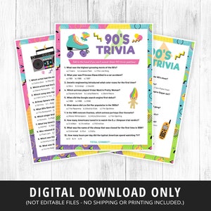 90s Trivia Games Printable, 90s Trivia Game, 90s TV Trivia, 90s Music Trivia Quiz, 90s Activities, 90s Party Games, Kids, Adults, DIGITAL