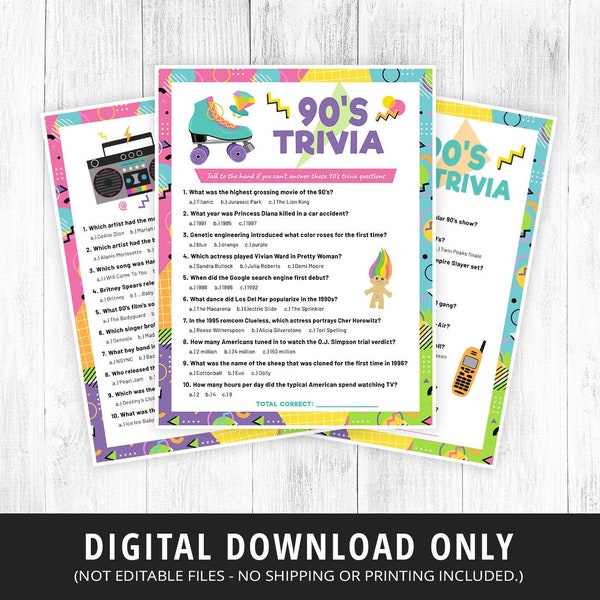 90s Trivia Games Printable, 90s Trivia Game, 90s TV Trivia, 90s Music Trivia Quiz, 90s Activities, 90s Party Games, Kids, Adults, DIGITAL