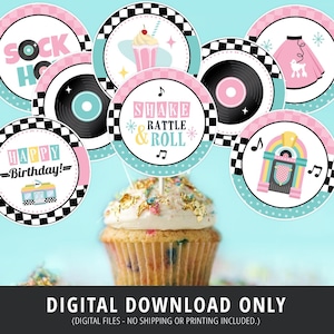 1950s Cupcake Toppers, 50s Retro Cupcake Toppers, 50s Party Decor, 50s Sock Hop, Retro Diner, Shake Rattle Roll, Birthday, Printable DIGITAL