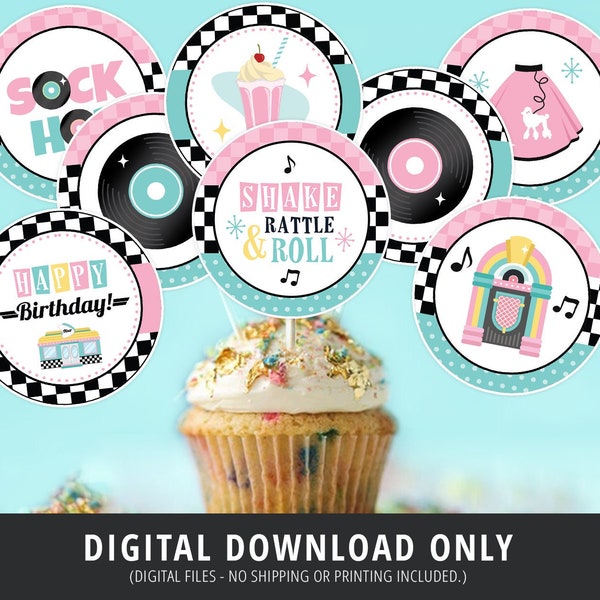 1950s Cupcake Toppers, 50s Retro Cupcake Toppers, 50s Party Decor, 50s Sock Hop, Retro Diner, Shake Rattle Roll, Birthday, Printable DIGITAL