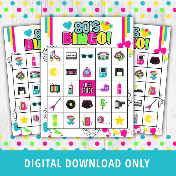 80s Themed Bingo,  80s Retro Bingo Printable, 80s Birthday Games, 80s Family Games, 80s Bingo Party, 80s Neon Retro Bingo Sheets, DIGITAL