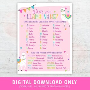 Llama Name Sign, What's Your Llama Name Sign, Llama Party Sign, Llama Birthday, Llama Name Game, Llama Party, 8.5x11, Printable DIGITAL