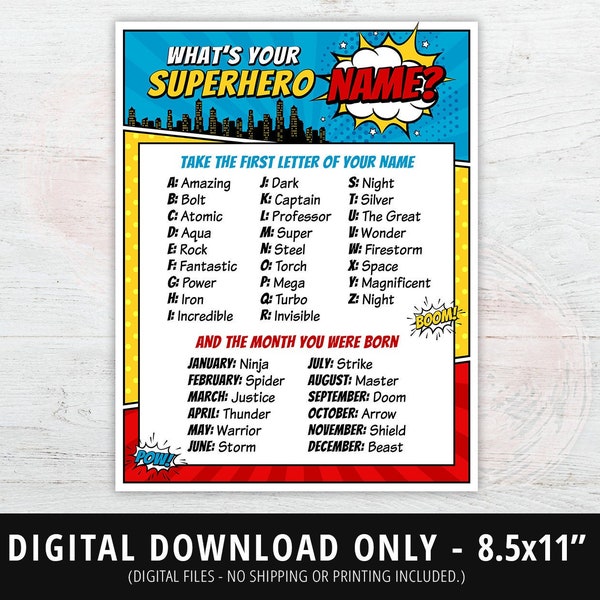 Superhero Party Sign, What's Your Superhero Name Sign, Superhero Birthday, Superhero Name Game, Superhero Party, 8x10, Printable DIGITAL