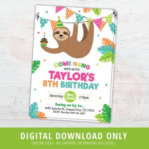 Sloth Birthday Invitation, Sloth Invitation, Sloth Party Invite, Sloth Birthday Party Invite, Sloth Birthday Printable, Any Gender, DIGITAL
