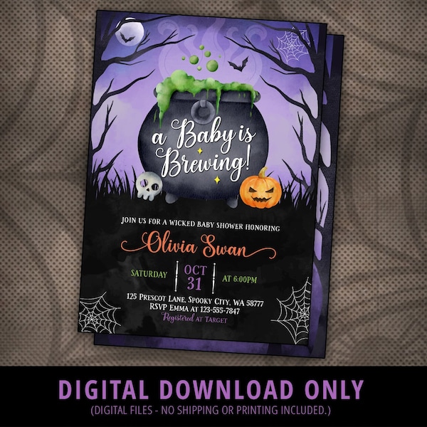 Halloween  Baby Shower Invitation, A Baby Is Brewing Baby Shower Invitation, Gender Neutral Baby Shower Invite, Cauldron, Witch, DIGITAL