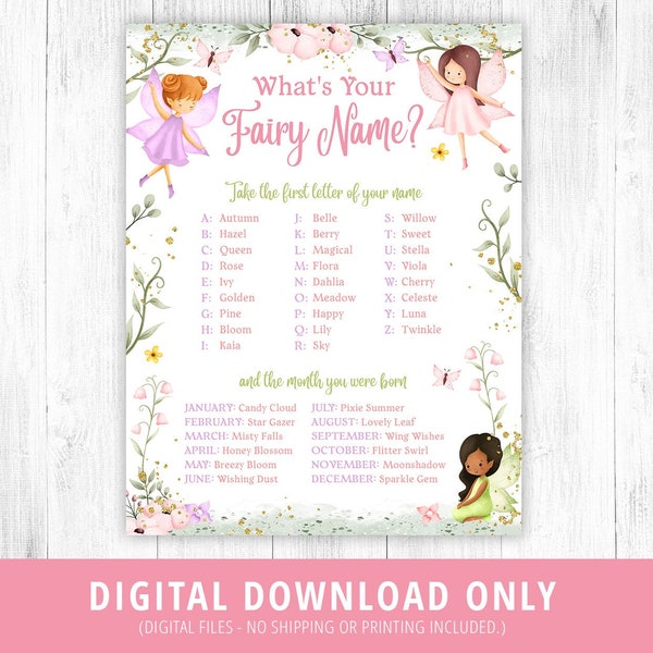 What Is Your Fairy Name Sign, Fairy Party Sign, Fairy Birthday Game, Whimsical Garden Fairy Tea Party Game, Fairy Party, Printable DIGITAL