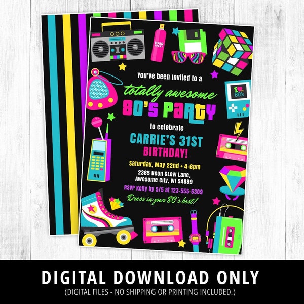 80s Birthday Invitation, 80s Party Invite, 80s Birthday Party, 80s Theme Invite, Neon, Retro 1980s Invitation, 80s Adult Invite, DIGITAL