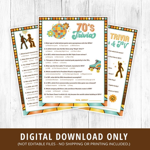 70s Trivia Games Printable, 70s Trivia Game, 70s TV Trivia, 70s Music Trivia Quiz, 70s Activities, 70s Party Games, 1970s Decade, DIGITAL