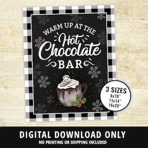 Hot Chocolate Bar Sign, Warm up at the Hot Chocolate Bar, Hot Chocolate Bar Sign, Chalkboard, Hot Cocoa Bar, Black White Plaid DIGITAL