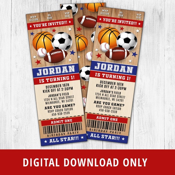 Sports Ticket Invite, Sports Invitation, Sports Birthday Party Invite, Sports invite, All Star Birthday Invite, Wood, Printable DIGITAL