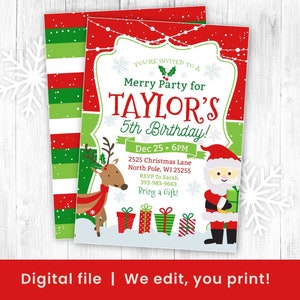 Christmas Birthday Invitation, Christmas Party Invitation, Kids, Holiday Party Invitation, Santa Party Invite, Merry Birthday, DIGITAL