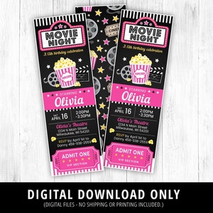 Mädchen Movie Ticket einladen, Filmabend Einladung Rosa, Film-Geburtstags-Party einladen, Kino-Geburtstag einladen, Ticket Stub, Printable DIGITAL