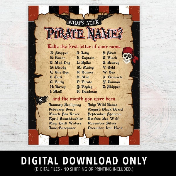 What's Your Pirate Name Sign, Pirate Name Sign, Pirate Birthday Decor, Pirate Name Game, Pirate Party, Pirate Game, 8x10, Printable DIGITAL