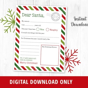 Brief an Santa, lieber Weihnachtsbrief zum Ausdrucken, Kinderbrief an Santa, Weihnachtswunschliste, Weihnachtsmannbrief, Weihnachtskindaktivität, DIGITAL