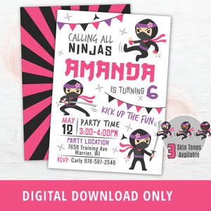 Faire-part d'anniversaire fille ninja, fête ninja imprimable, invitation fête ninja, fournitures de fête d'anniversaire ninja, invitation anniversaire guerrier, numérique