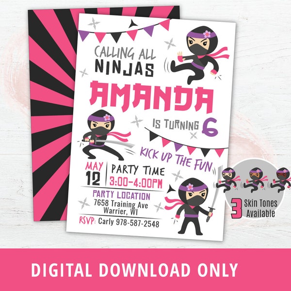 Ninja Girl Birthday Invitation, Ninja Party Printable, Ninja Party Invite, Ninja Birthday Party Supplies, Warrior Birthday Invite, DIGITAL